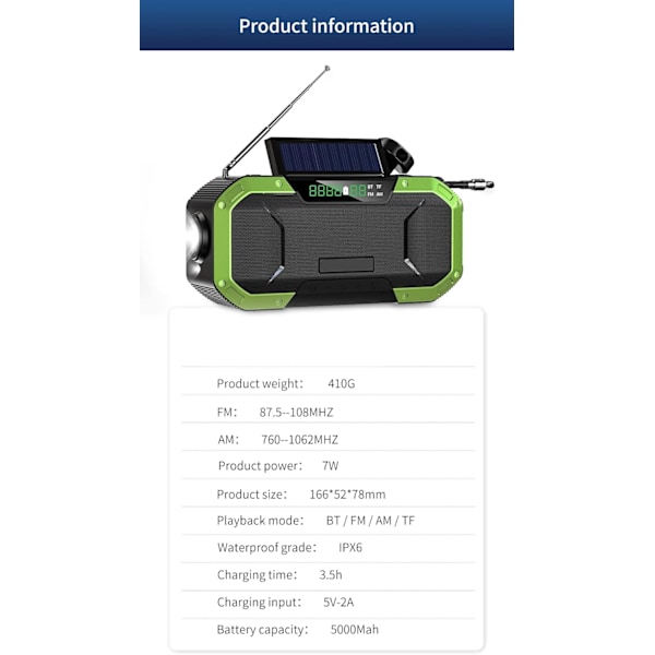 Käsikäyttöinen radio LCD-näytöllä, 2000mAh kannettava NOAA-sää-aurinkopaneeliradio