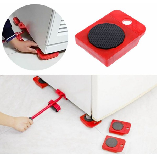 Caster Wheel Furniture Moving Moving Tool Heavy Stuffs Moving Roller med 4 hjul og 1 hjulstang - Rød