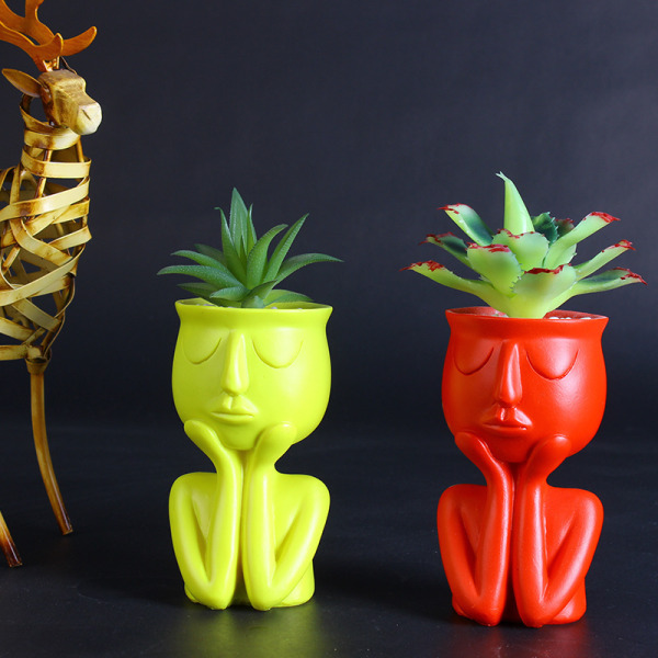 2pcs Yellow+Red reative Nordic Character Vase Succulent Plants Abstract Flowerpot Face and Flowers Indoor Vase