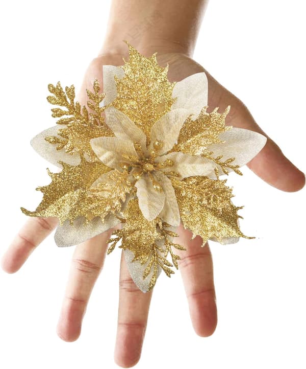 12 stk. (15 cm) Glitter juletræskunstblomster til juletræ