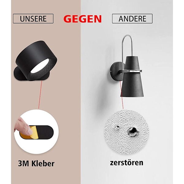 Indendørs væglampe, LED Touch væglampe med USB-ladeport, Touch-kontrol, 3 lysniveauer, 3 roterende temperaturer, 360° sengelampe til soveværelse 1 rum