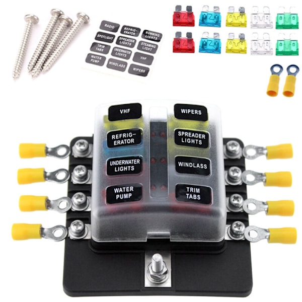 8-vejs sikringsboks, sikringsblokke med LED-indikator, 10 sikringer, 10 bilkonnektorklemmer, båd, campingvogn, 12 V lastbil, 24 V