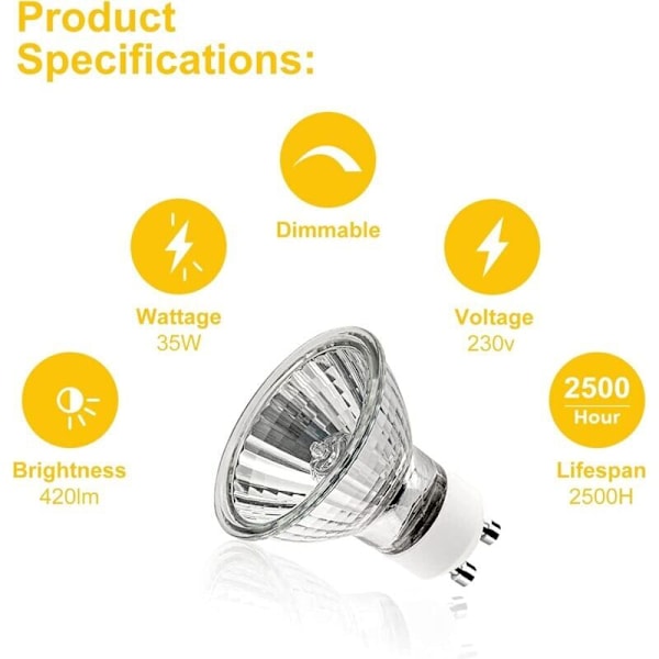GU10 35W glödlampor, GU10 Halogenlampor, Spot AC 230V 35W glödlampa, GU10 Halogen Halogenlampor 2 stift 35 ° Strålningsvinkel 2700K Varmvit Dimbar, 6-pack