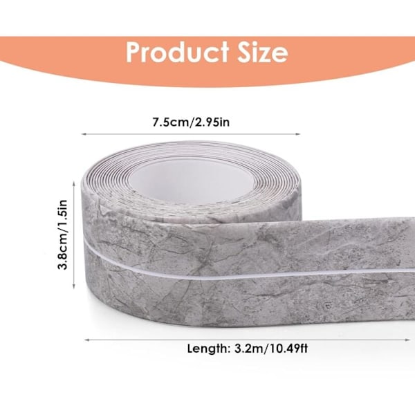 Vandtæt Fugemasse (Grå Marmor) 3,8 cm x 3,2 m Fugestrimmel Til køkken badeværelse vandtætning bånd pvc til toilet køkken badekar