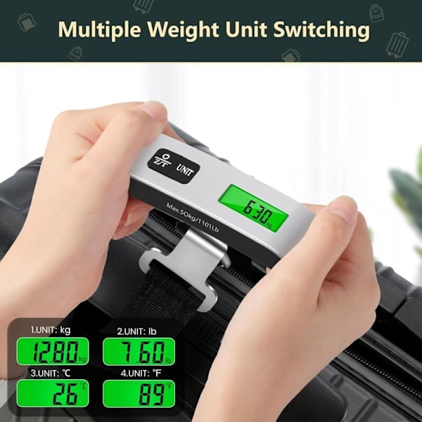 Elektroninen matkalaukkuvaaka, MAX 50KG/110LB kannettava vaaka, matkalaukun LCD-taustavalaistu vaaka taaraustoiminnolla matka- ja kotimatkatarvikkeille