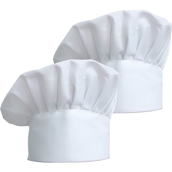 2-delt sæt (hvid, højde: ca. 22 cm, hat omkreds 58-63 cm) Unisex kokkehue af polybomuld med justerbar elastik