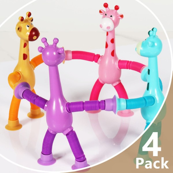 4-pak LED teleskopisk sugekop giraflegetøj, unikt sødt dyredesign strækbart sugekoplegetøj, stressreducerende pædagogisk sanselegetøj (Multi