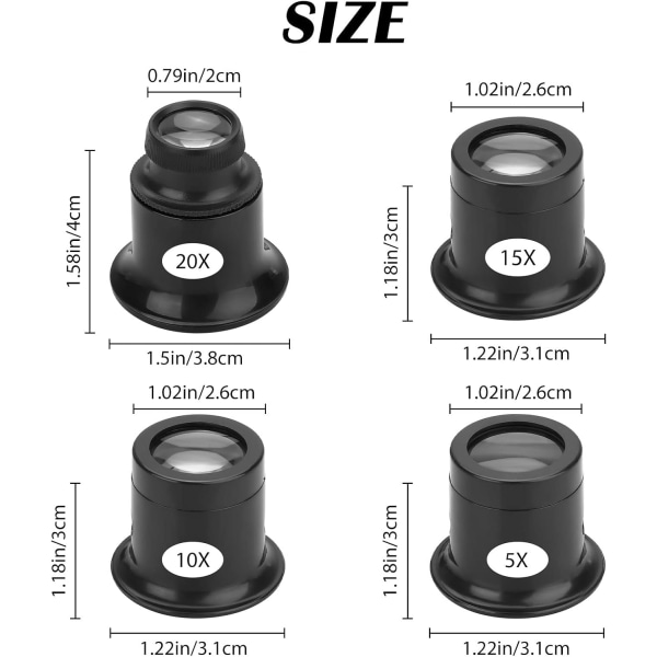 4-delad monokel för klockförstoring, 5X, 10X, 15X, 20X enkel monokel förstoringsglas set