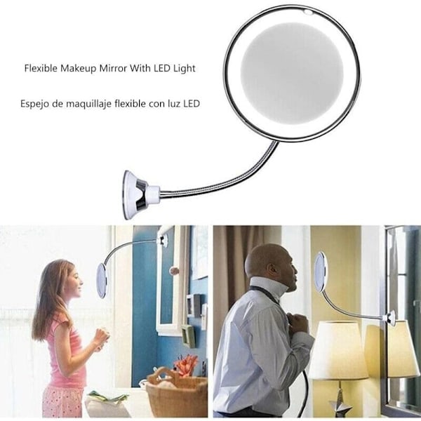 LED Sminkspegel, Flexibel Förstoringsspegel med LED-ljus 10x Förstoring, Stark Sugkopp, Sminkbordsspegelbelysning, Sminkspegel