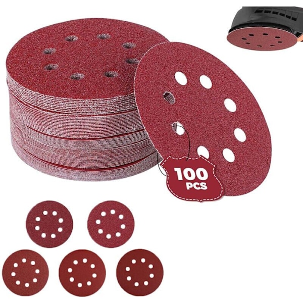 100 stk. sandpapir til excentersliber, Ø 125mm slibeskiver 60/80/100/120/240 korn (20 skiver pr. kornstørrelse)