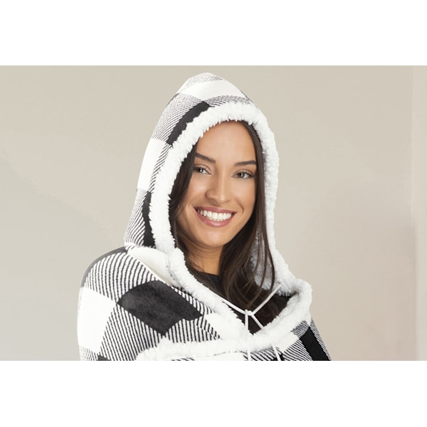 Sort og hvid ternet bærbart hættetrøjetæppe, oversized hættetrøjetæppe, bærbart tæppe til voksne, snuggle hættetrøjetæppe, sweatshirt-tæppe