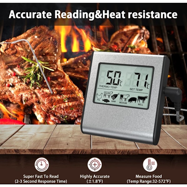 Digital Kötttermometer med Stor LCD-Display för Rökugn Kök Godis BBQ Grilltermometer med Timer och Rostfritt Stål Temperatur