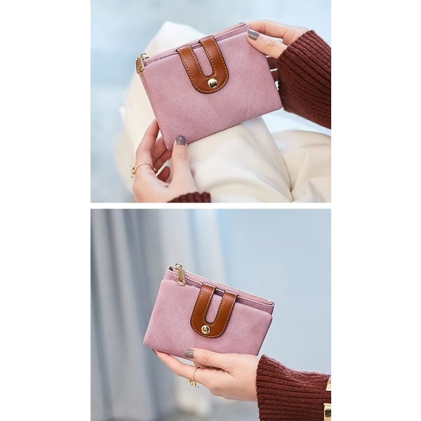 (Rosa) Liten RFID Skinn Bifold Lommebok for Dame Mini Lommebok for