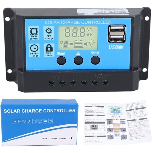 30A 12V/24V Intelligent PWM Solpanel Batteri Regulator Laddningskontroller med 5V Dubbel USB-port LCD-display för Bly-syra Batterier