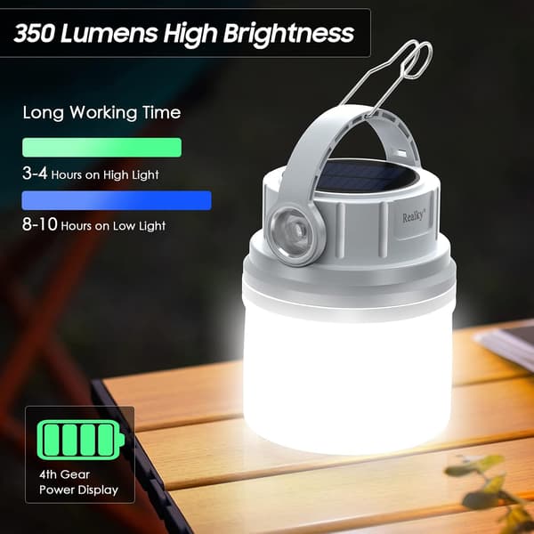 LED solcelle campinglys, superlys 350 lumen oppladbar campinglys, 4 lysmoduser, dimbar søkelys med krok