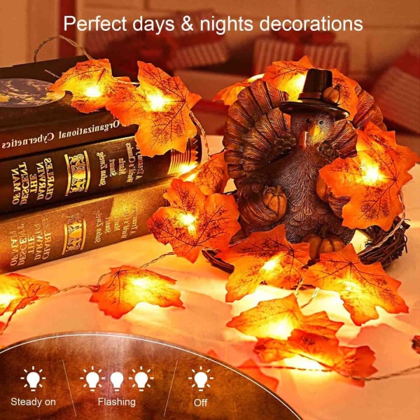 3M Maple Leaf Lyskjeder, 20 LED Maple Lyskjeder - Maple Leaves - for Utendørs, Hjem, Jul, Thanksgiving, Dekorasjon