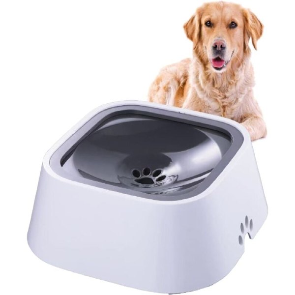 Vandskål til kæledyr, flydende skål til husdyr 1,5L, anti-brødskål af bundt til hunde katte, ikke-våd anti-slip uden BPA (grå)