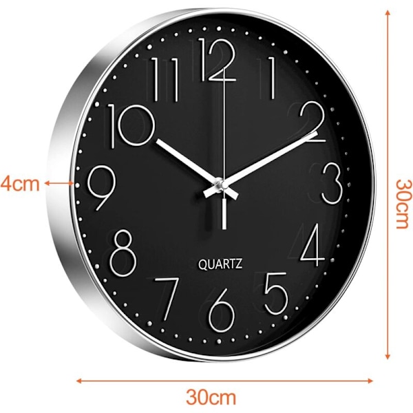 Væg ur, 30 cm (12 tommer) Moderne lydløst vægur, quartz urværk, moderne minimalistisk design i sort, til stue, køkken, kontor, soveværelse (s