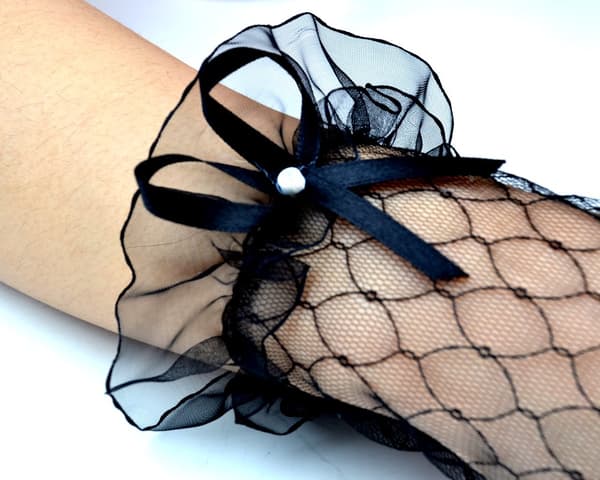 Dambröllopsfest Fingerless Bow Lace Brudhandskar 7 Tum Svart