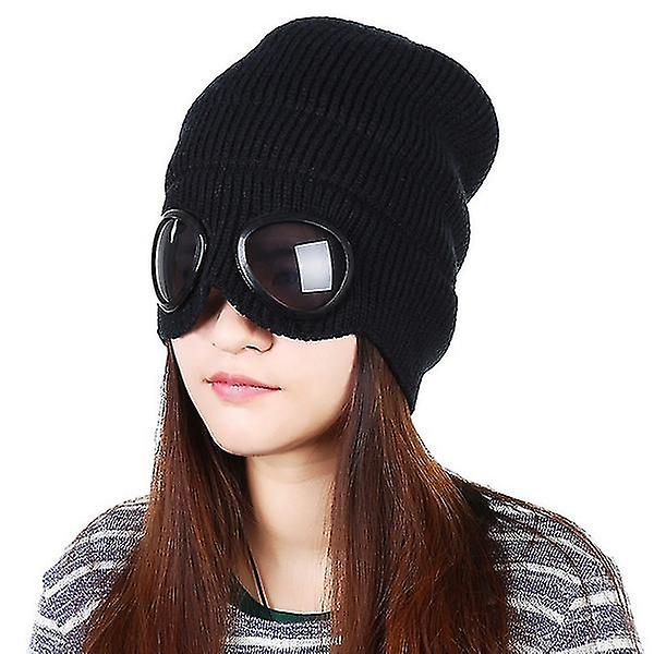 Unisex Vinter Varmt Uldstrikkede Tyk Hue Hat Briller Hue Cap Sort