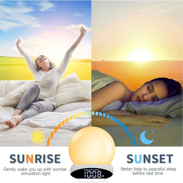 Herätyskello auringonnousun simulaatiolla, raskasunenisille, 7 väriä, nukkumisen apuväline, äänikone, auringonlaskun simulaatio, lapsille ja aikuisille, kaksi herätystä, FM-radio