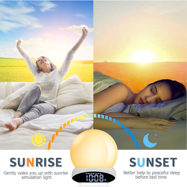 Väckarklocka med soluppgångssimulering för tunga sömnare, 7 färger, ljudmaskin för sömnstöd med solnedgångssimulering för barn och vuxna, dubbla snooze-larm, FM-radio