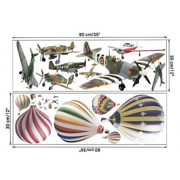 Varmtluftballon og Fly Kunstvægdekoration Tegneseriefly Farve Retro Fly Mural (35 \"x 12\" X 2 stk)