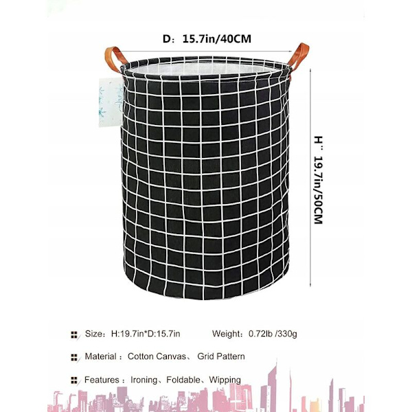 Snavsetøjskurv i bomuld og hør, sammenklappelig opbevaringskurv nr. 7 læderhåndtag sort gitter 40*50
