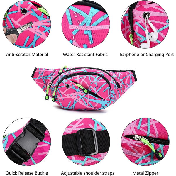 Midjeväsk Fanny Pack, Trendig Bumbag för Kvinnor Män, 4 Fack Justerbar Midjeväska för Löpning Vandring Rosa