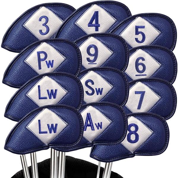 Blå-Golfklubbsöverdrag Järn Huvudskydd 12-pack Lyxigt PU-läder Golfklubbsöverdrag Set med Enskilt Nummer för Män och Kvinnor