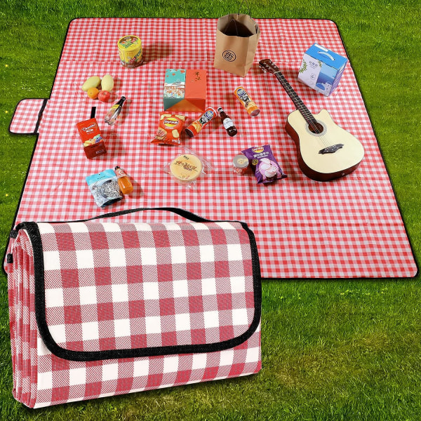Rødt piknikteppe vanntett strandmatte 200×200 cm, lett og vaskbar rutete piknikmatte med håndtak, egnet for fotturer og utendørscamping, P