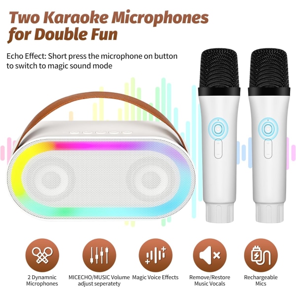 Mini Karaoke-maskine, bærbar Bluetooth-højttaler, karaoke-maskine med 2 trådløse mikrofoner og LED-lys til hjemmefester og udendørsfester (W