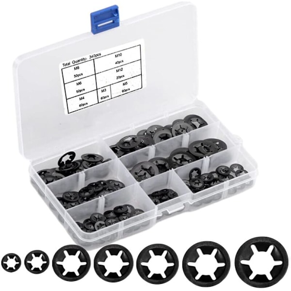 Sæt med 340 låseringe M3/M4/M5/M6/M8/M10/M12 med Starlock-tænder, spændeskiver, sorte, assorteret