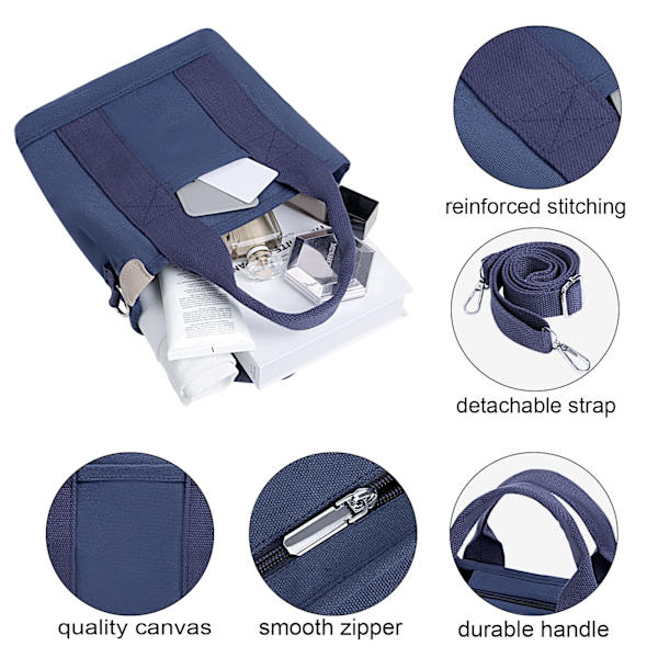 Dame Lærred Tote Taske Multi-Pocket Tote Taske og Skuldertaske med Lynlås Crossbody Taske Velegnet til Skole Shopping Rejser Arbejde Daglig Brug (Mørk Bl