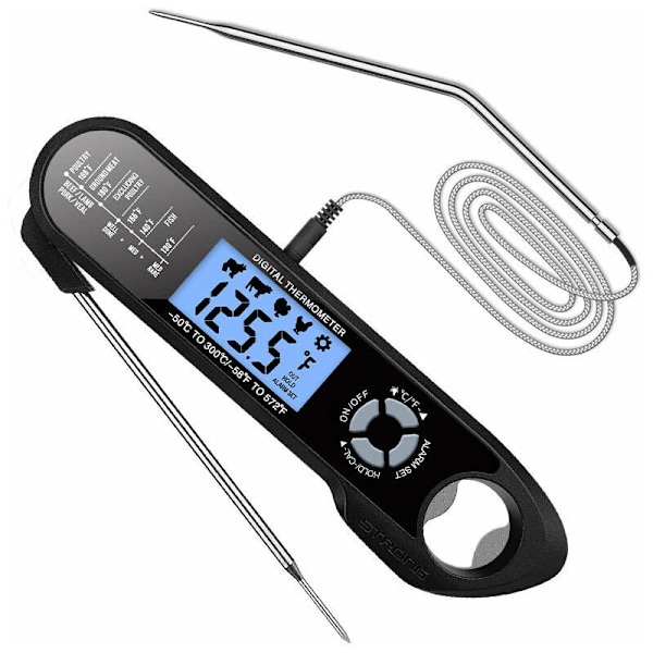 Kjøkkentermometer, LCD digitalt matlagingstermometer med umiddelbar avlesning med dobbel sonde og lang ledning, alarm og magnetjustering, forhåndsinnstilt temperatur
