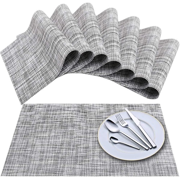Placemat Set av 8 (gråvit), tvärvävda vinylvävda bordsmattor, halkfria isolerade tvättbara bordsduksset