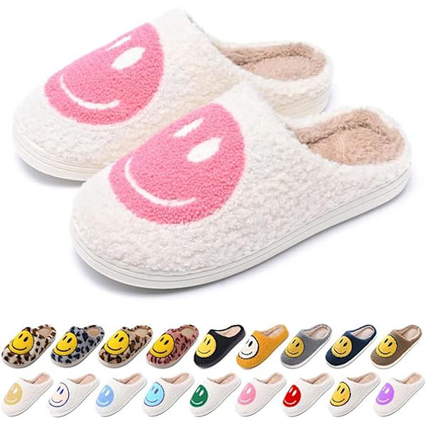 Retro College Style Happy Face Tøfler til Mænd og Kvinder - Komfortable, Varme, Plyssede Slip-On Hjemmesko til Vinteren Indendørs 24cm