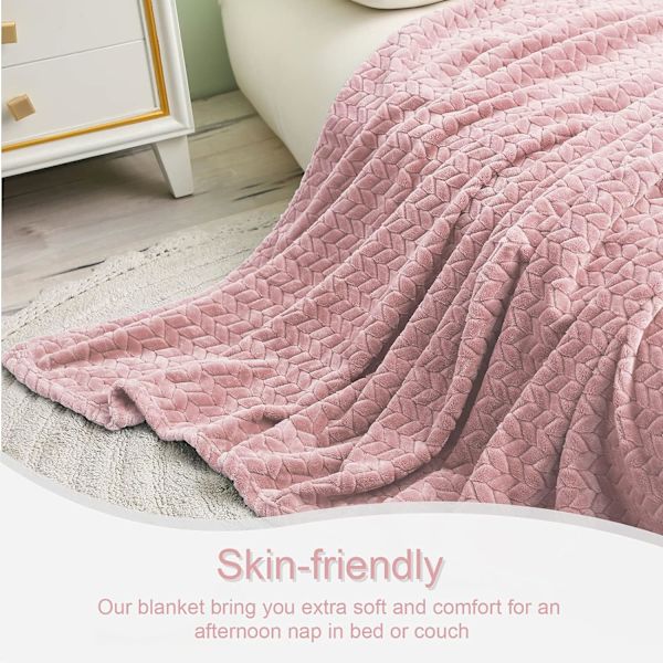 Stor flanellullfilt, 120*200 cm soffkast, mjukt bladmönster kast för soffa, dammigt rosa filt