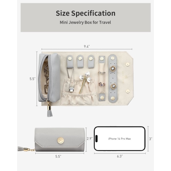 Smykkeæske Rejsetilbehør Opbevaring Opbevaringsrulle Lille Kunstlæder Rejse Smykkeæske Egnet til Ringe, Øreringe, Halskæder (II. Grå)