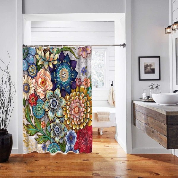 Boho Blomster Bruseforhæng til Badeværelse, Lyst Stof Blomster Bruseforhæng med 12 Kroge, Multi Farve 180x180cm
