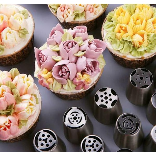27-delt sett med sprøytetips og sprøyteposer for kakebaking