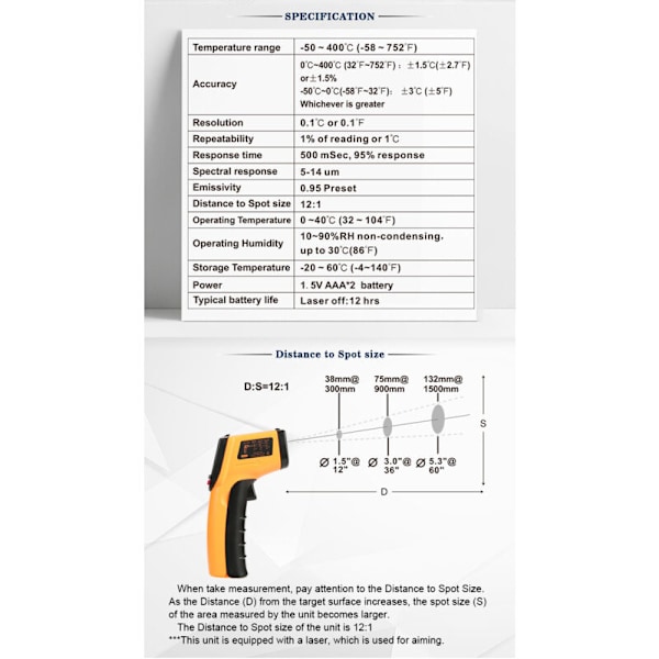 Infrarødt termometer, Laser kontakt Infrarødt termometer fra -50 ° C til 400 ° C, LCD-skærm med baggrundsbelysning