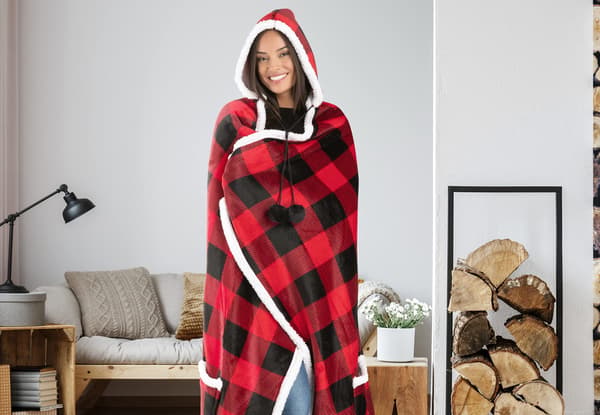 Rød og sort ternet bærbart hættetrøjetæppe, Oversized hættetrøjetæppe, Voksent bærbart tæppe, Snuggle hættetrøjetæppe, Athletic hættetrøjetæppe