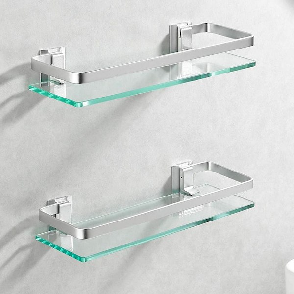 Badrumshylla, glashylla för vägg, aluminium, 8 mm tjocklek, härdat glas, rektangulär, silver, set om 2, A4126A-P2 (40 cm)