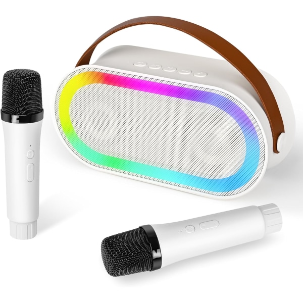 Mini karaokemaskin, bärbar Bluetooth högtalare, karaokemaskin med 2 trådlösa mikrofoner och LED-lampor för hemmafester och utomhusfester (W
