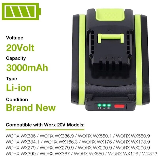 Lithiumbatteriet erstatter batteriet til WORX 20V 3AH WA3551 WG169 WA3516 3x372