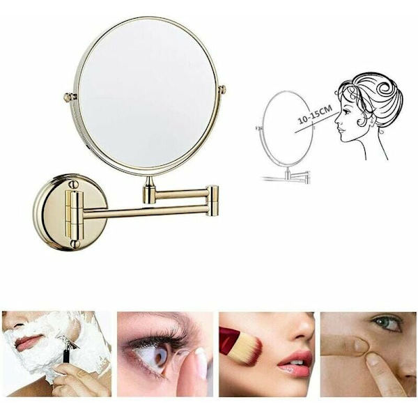 Vægmonteret makeup spejl 8 tommer drejelig dobbeltsidet udtrækkeligt foldbart badeværelsesspejl 5x forstørrelse guld