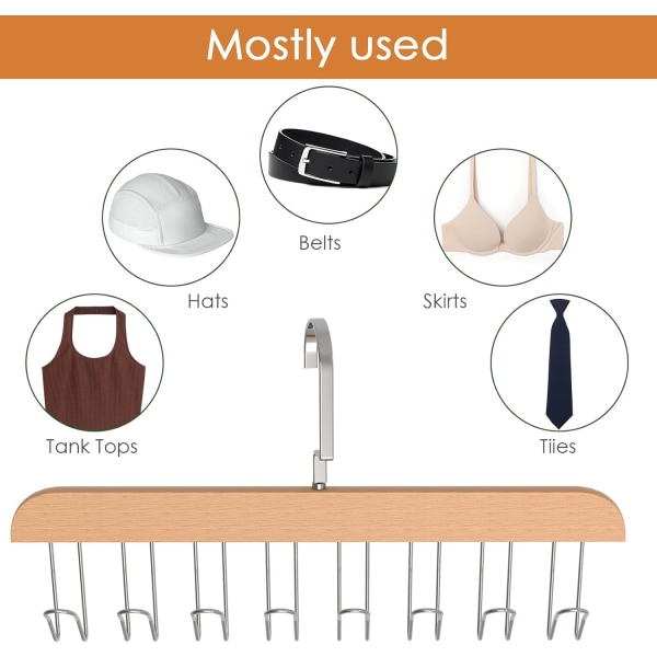 Trebelteholder i tre for skap, tank top BH-holder med 8 kroker, skaptilbehør organizer kroker for belter og slips