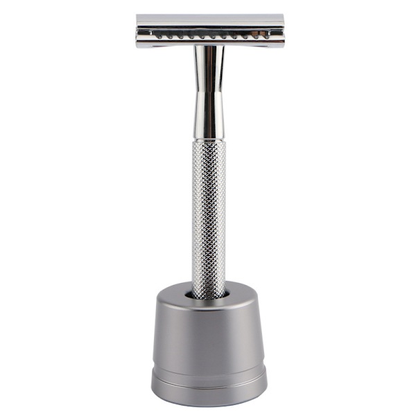 Sølv sikkerhedsbarbermaskine med stativ - Metal sikkerhedsbarbermaskine - Barbermaskine til mænd og kvinder - Zero Waste - Mekanisk barbermaskine - Manuel barbering - Barberkniv