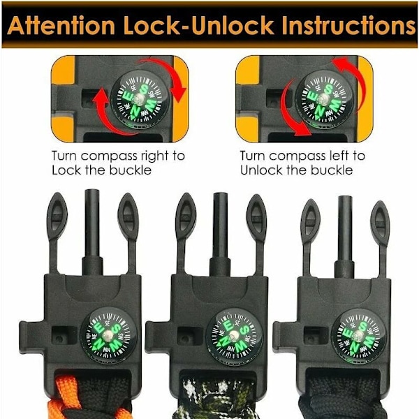 Set med 3 armband i utomhusöverlevnads-paracord för camping, vandring, multifunktionsverktyg, eldstarter, kompass och visselpipa